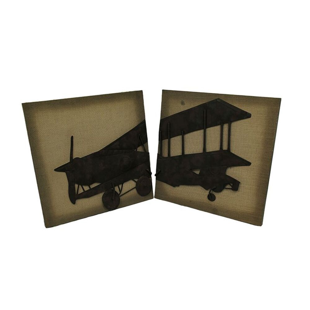 2 Piece Metal Vintage Airplane On Fabric Wall Hanging Set